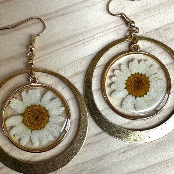 Real Pressed Daisy Resin Earrings in Gold Tone Circles - Picture 4 of 8